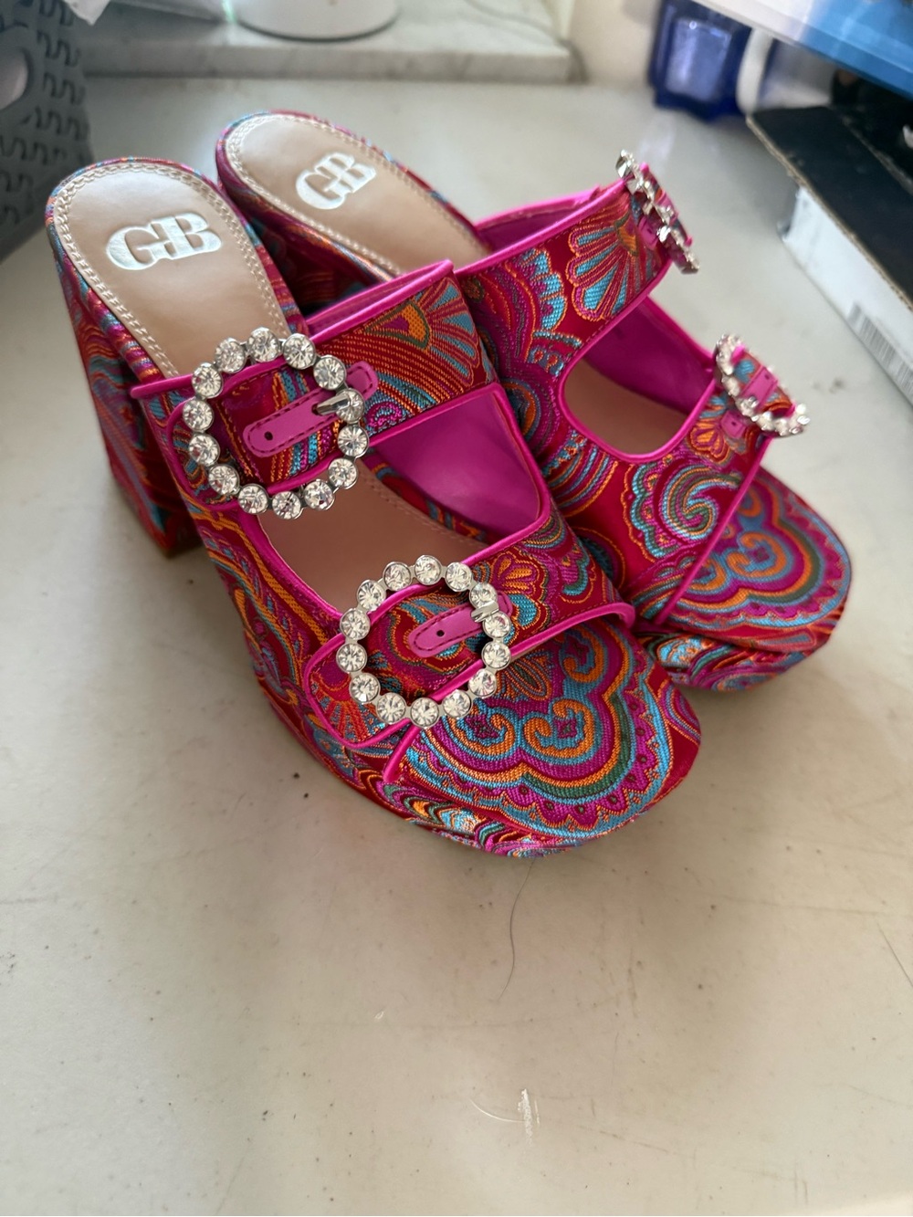 Gianni Bini Fuchsia Multicolor Embroidered Platform Heels with Crystal Buckles